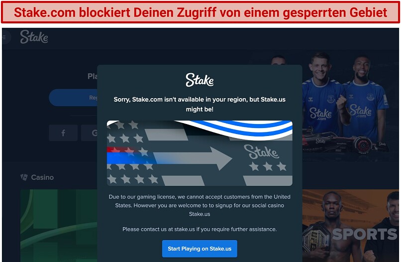 Screenshot of Stake.com inaccessible in the US