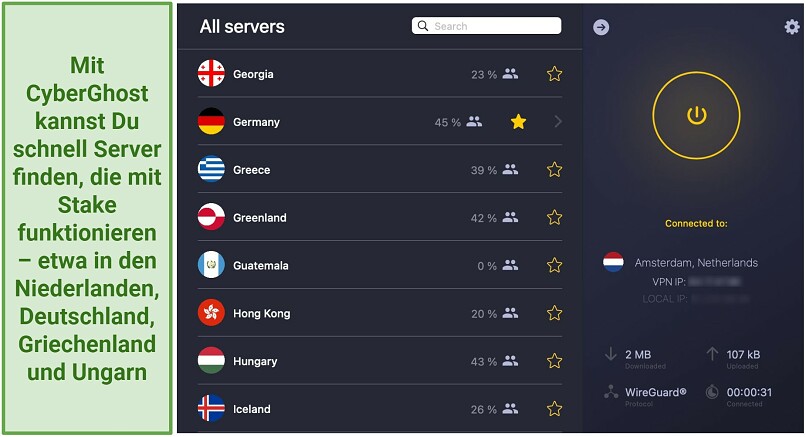 A screenshot of the CyberGhost server list