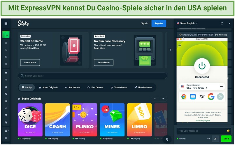 Screenshot of safely playing casino games on Stake.us with ExpressVPN