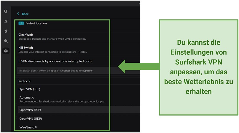 A screenshot of the Surfshark VPN settings