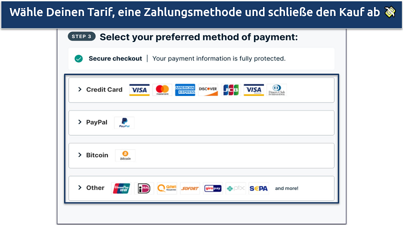 A screenshot of ExpressVPN's checkout page showing payment options