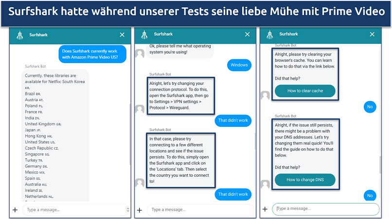 Screenshot of Surfshark's chat support giving troubleshooting tips on getting the VPN to work with Amazon Prime Video