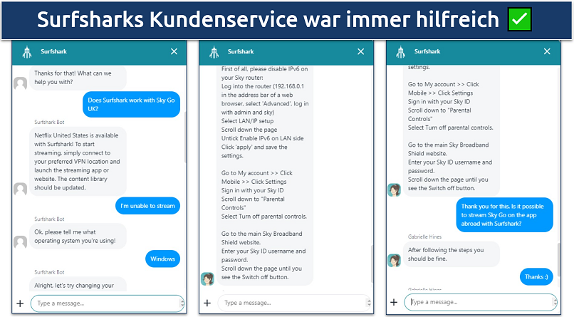 Screenshot showing conversation with Surfshark's customer support chatbot and agent