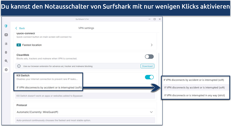 Screenshot of Surfshark's Windows app showing the kill switch soft or strict options