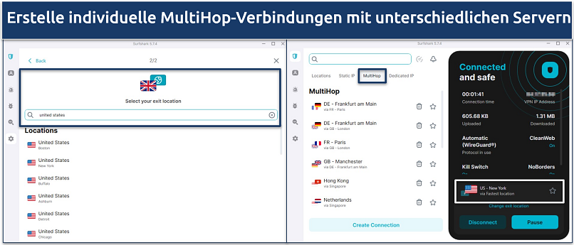 Screenshot of Surfshark's Windows app showing the MultiHop server set up and connection