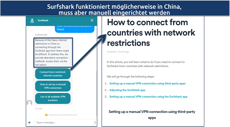 Screenshot of conversation with Surfshark's chatbot directing me to guides on connecting to the app in China