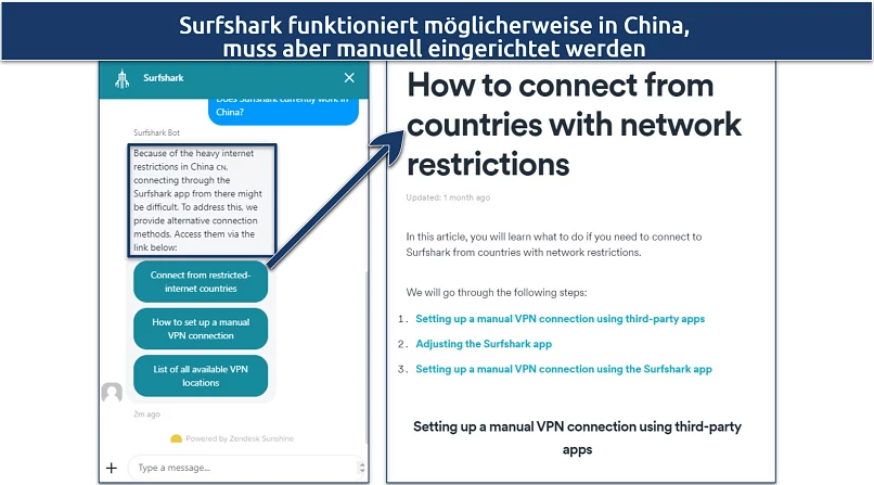 Screenshot of conversation with Surfshark's chatbot directing me to guides on connecting to the app in China
