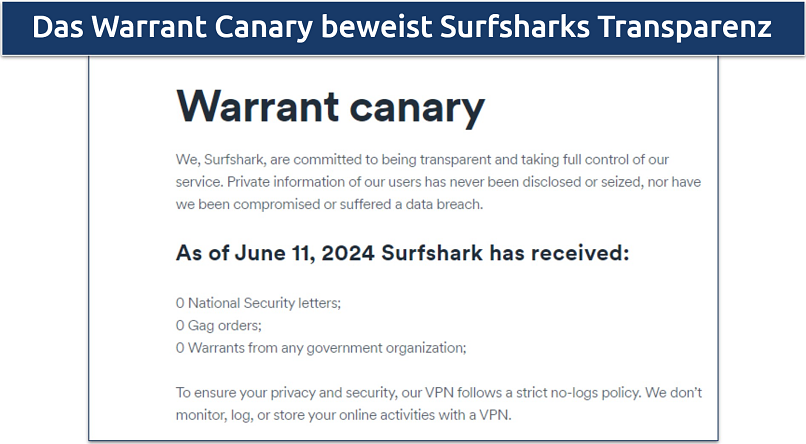 Screenshot of Surfshark's Warrant Canary showing no requests for user data