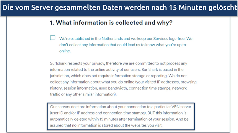 Screenshot of Surfshark's privacy policy highlighting their data collection