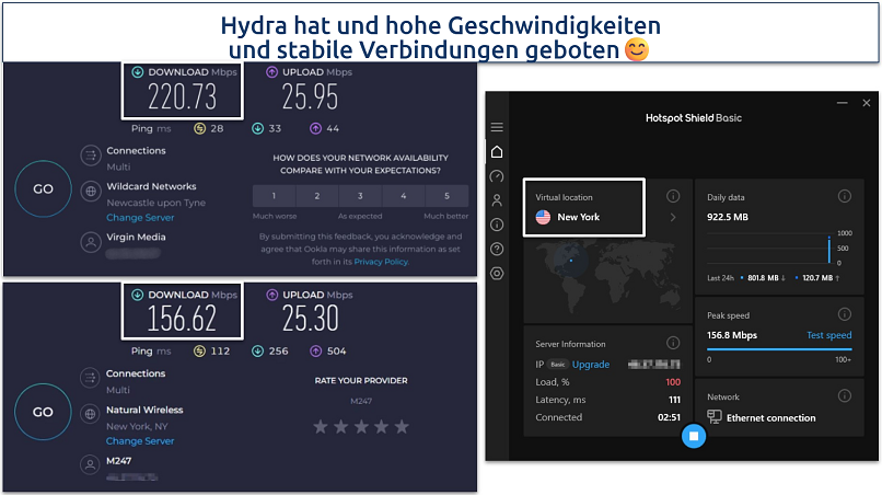 Screenshot of Hotspot Shield's speed test results
