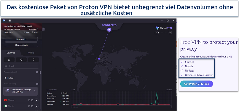 Screenshot of Proton VPN's free app on Windows and unlimited data offer on free plan