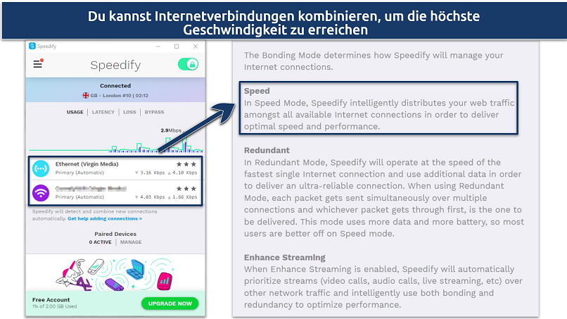 Screenshot of Speedify's free Windows app showing the Bonding feature