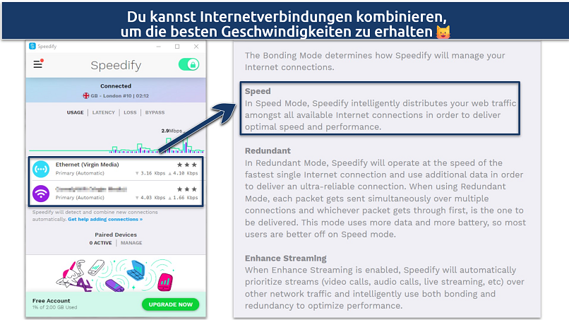 Screenshot of Speedify's free Windows app showing the Bonding feature