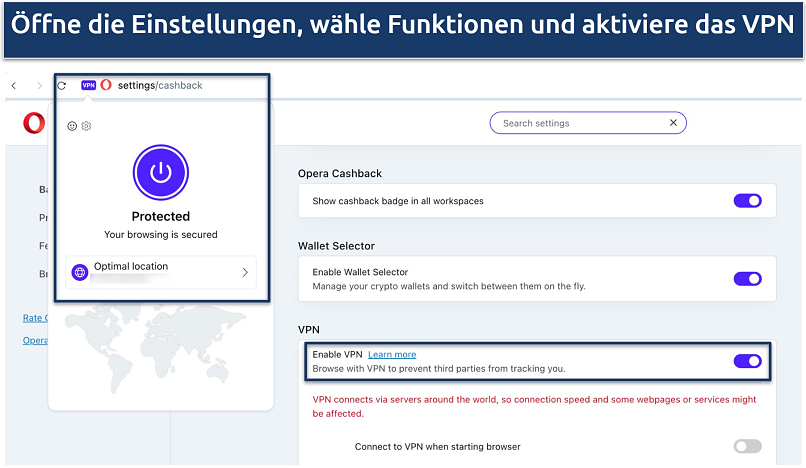 Screenshot of the Opera VPN settings