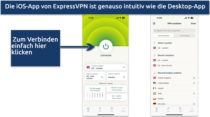 Screenshot der ExpressVPN iOS-App mit Benutzeroberfläche und Serverliste