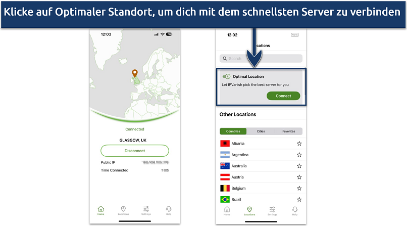 Screenshot of IPVanish's iOS app showing connection page and server list