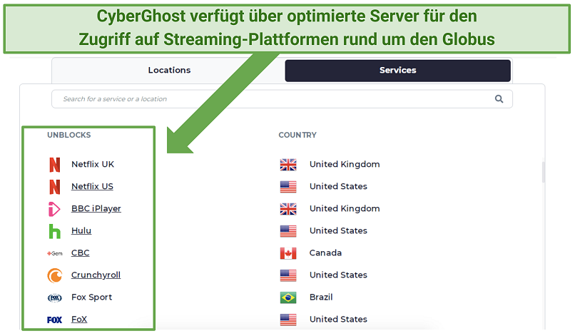 A screenshot showing CyberGhost's streaming-optimized servers for different international platforms