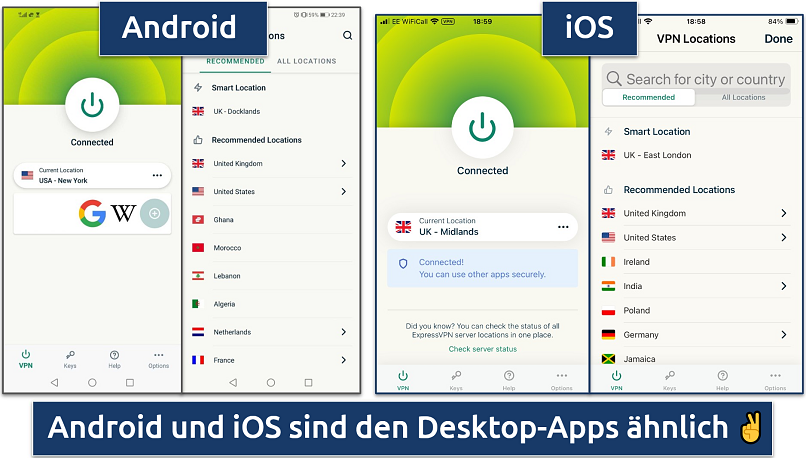 Screenshots of the Android and iOS ExpressVPN apps