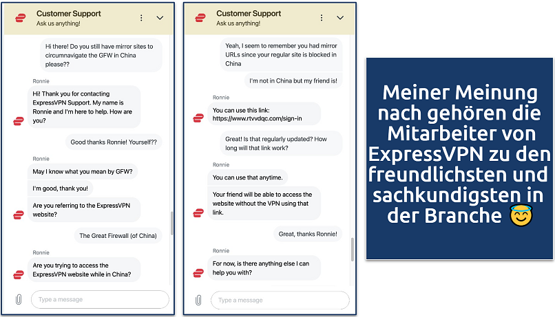 Screenshot showing a chat with the ExpressVPN customer service