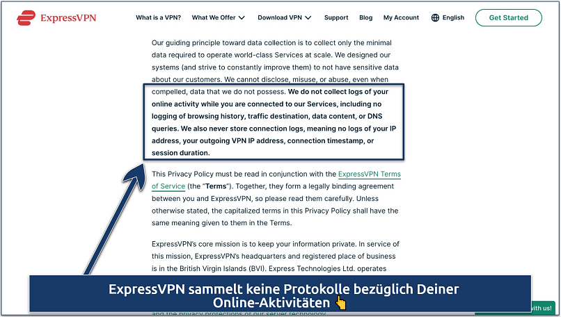 Screenshot showing the ExpressVPN privacy policy