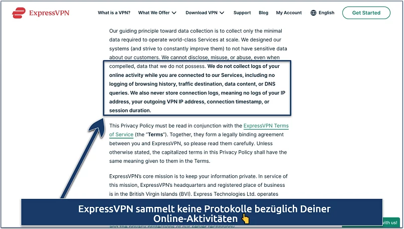 Screenshot showing the ExpressVPN privacy policy