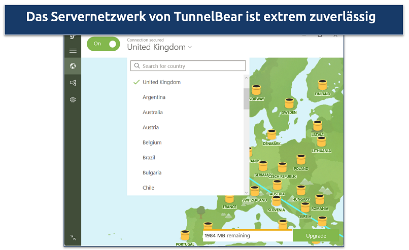 Screenshot of TunnelBear's server list