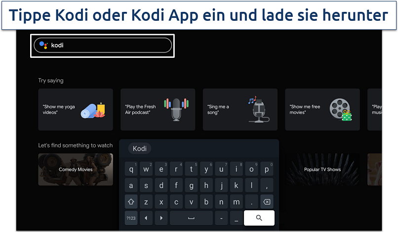 Screenshot des Suchfelds und der Tastatur auf einem Android TV