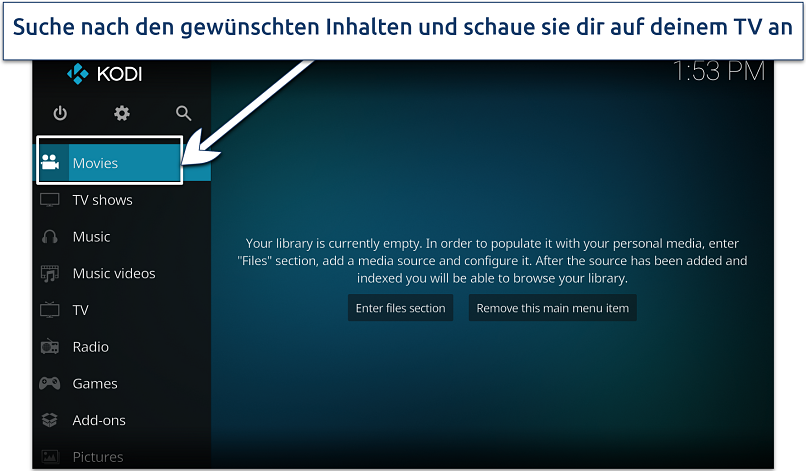 Screenshot der Kodi-Startseite auf einer Android TV-Box