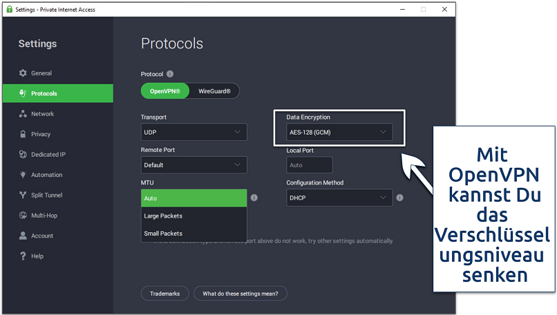 Screenshots of PIA settings page showing how to lower to 128-bit encryption