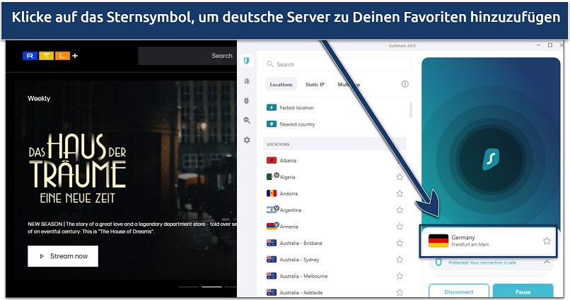 A screenshot of RTL+ with Haus Traume showing while connected to Surfshark German servers