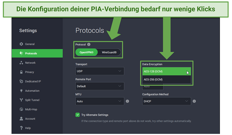 Screenshot of PIA's security settings