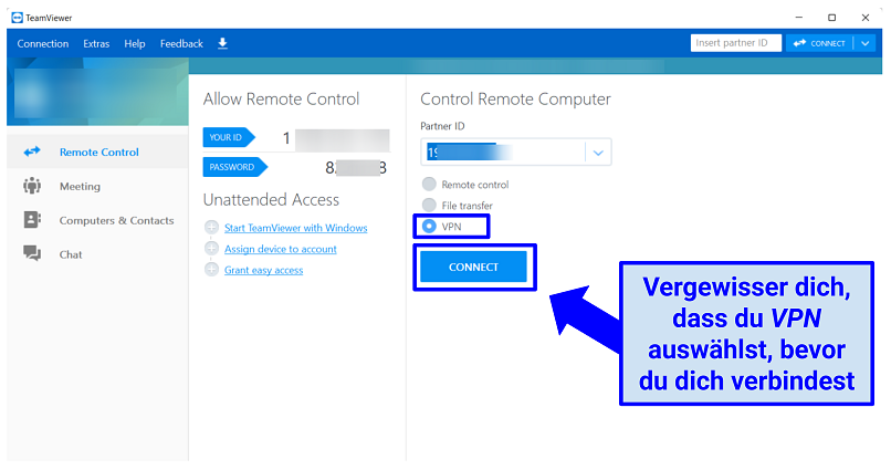 Screenshot of TeamViewer VPN connection screen