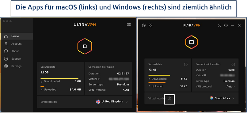 Screenshot of the UltraVPN interface on macOS and Windows