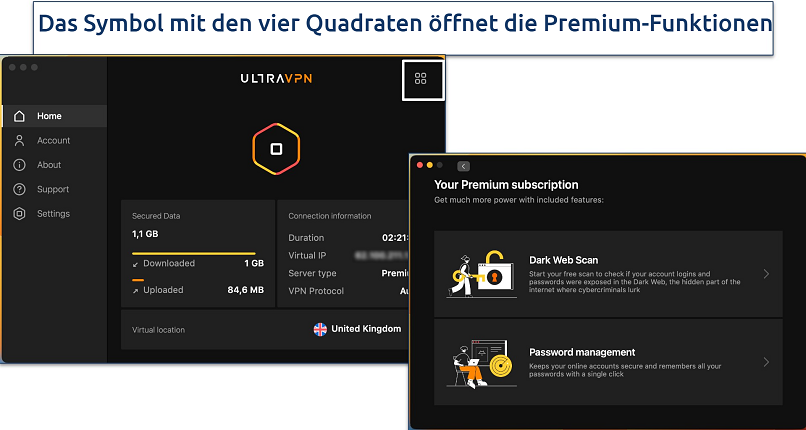 Screenshot of the premium features in the UltraVPN app