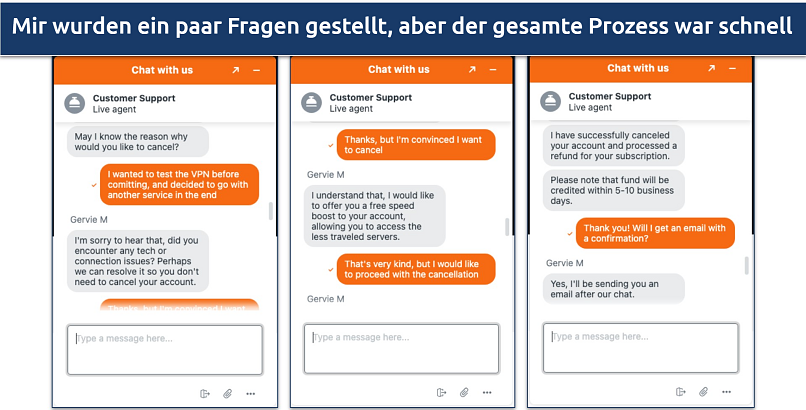 Screenshot of the live chat with UltraVPN customer support regarding canceling the subscription