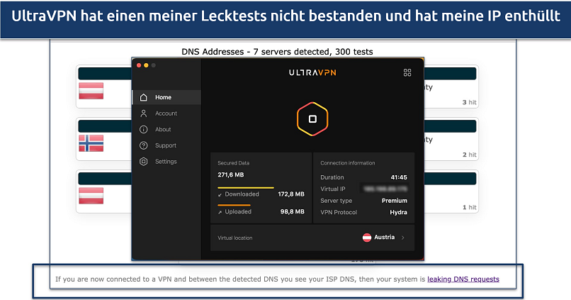Screenshot of a test done on ipleak.net where UltraVPN's Austria server couldn't conceal my true location in Norway