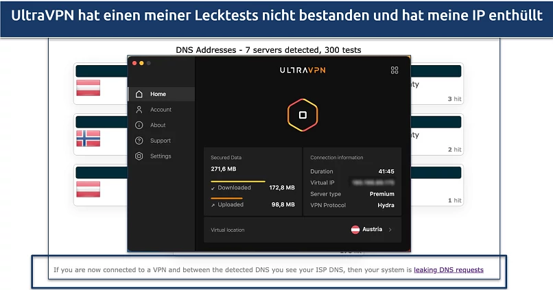 Screenshot of a test done on ipleak.net where UltraVPN's Austria server couldn't conceal my true location in Norway