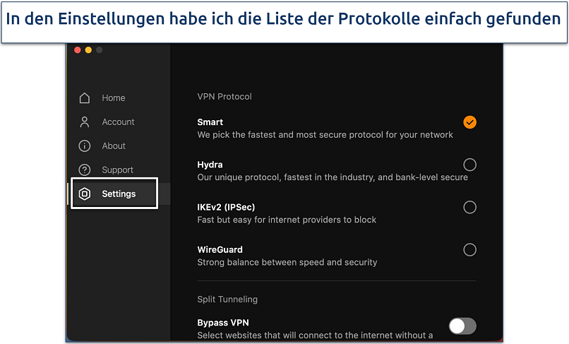 Screenshot of the security protocols available in UltraVPN