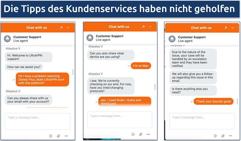 Screenshot showing live chat with UltraVPN customer support regarding streaming issues