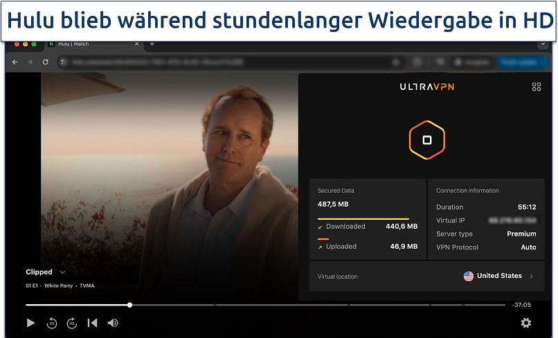 Screenshot showing Hulu streaming with UltraVPN connected to a US server
