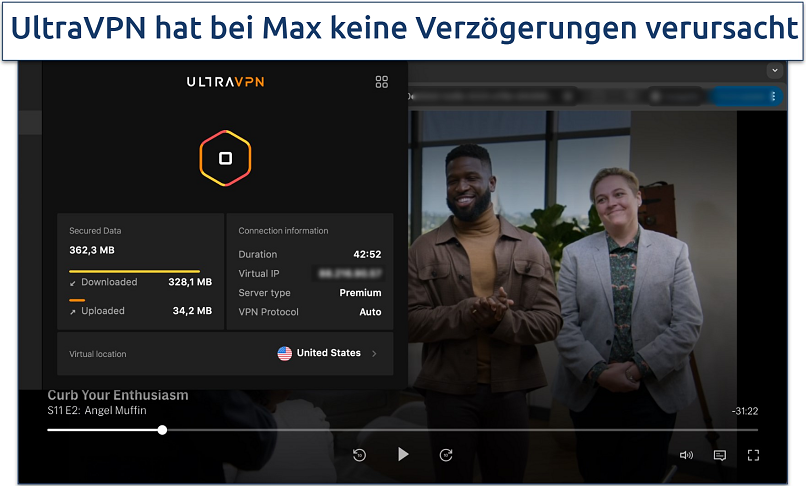 Screenshot showing Max streaming with UltraVPN connected to a US server