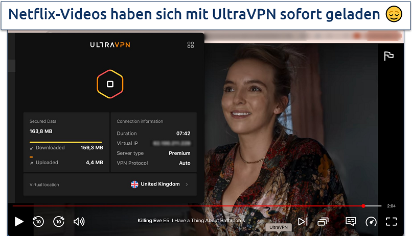 Screenshot of the Netflix UK streaming with UltraVPN connected