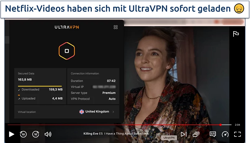 Screenshot of the Netflix UK streaming with UltraVPN connected