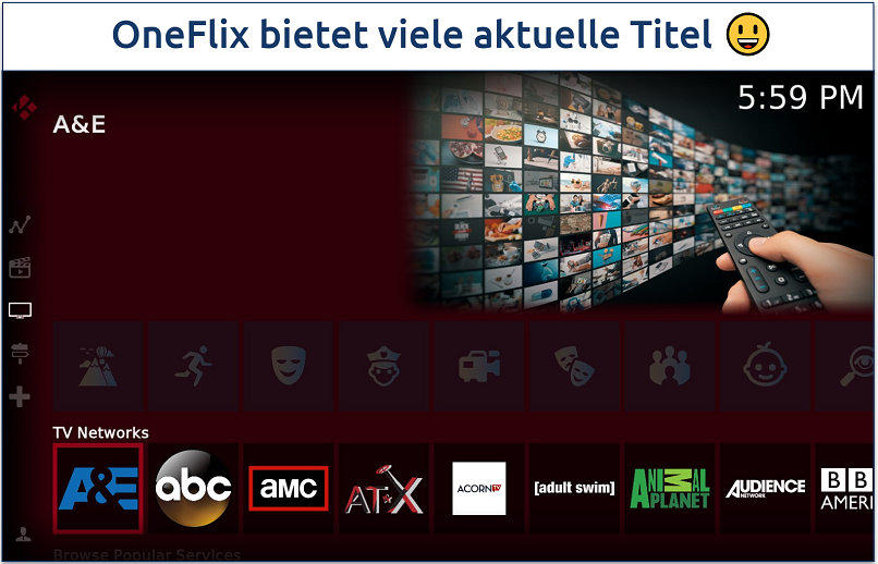 Screenshot showing the OneFlix Kodi build home page