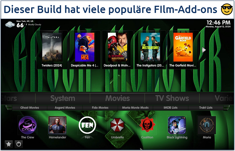 Screenshot showing the Green Monster Kodi build movies page