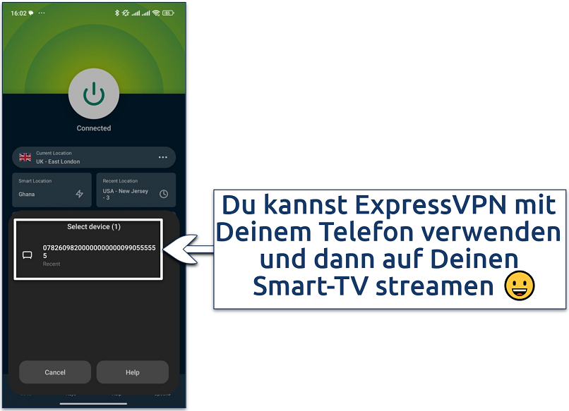 Screenshot showing ExpressVPN's mobile app with the option to cast mobile screen to smart TV