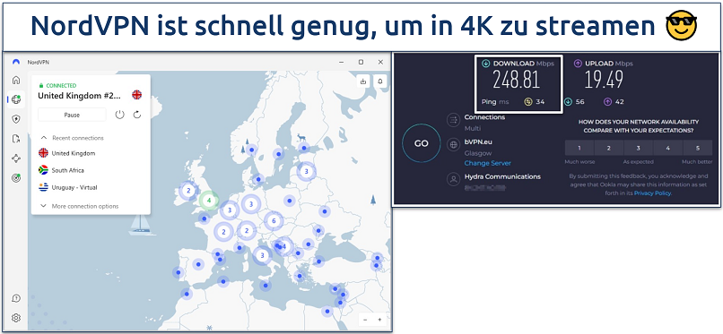 Screenshot of speed test results with NordVPN connected to a Glasgow server