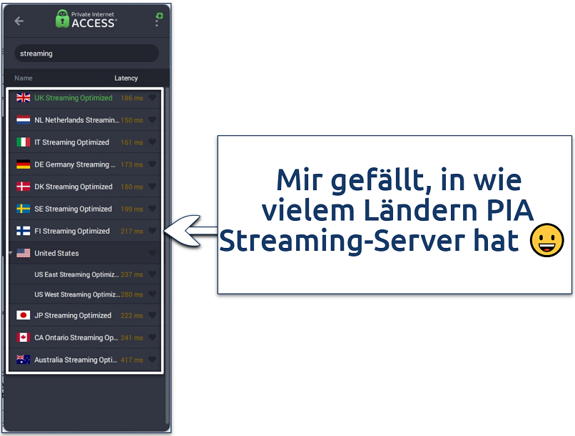 Screenshot of the PIA app showing its streaming servers