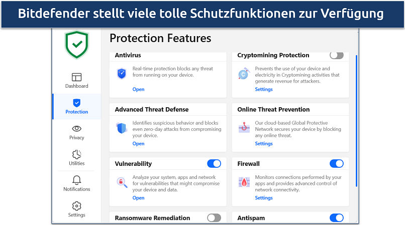 A screenshot showing Bitdefender comes with a ton of great protection features