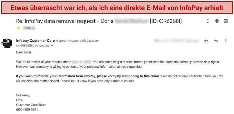 Screenshot einer E-Mail von einem Datenbroker, die nach einer Anfrage zur Datenlöschung fragt.